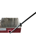 12x12 Inch CNC High Power Magnetic Chuck For Surface Grinders And EDM Wire Cutting Machines Permanent Magnet Grinder Chuck With Fine Seal For Heavy Duty Metalworking And Rock Solid Hold With Safe Operation No Power Loss shown with lever arm and grid surface.