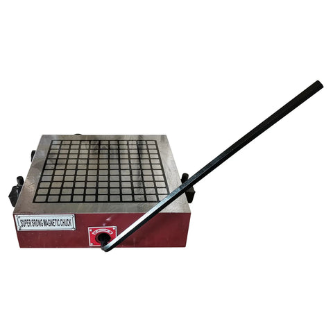12x12 Inch CNC High Power Magnetic Chuck For Surface Grinders And EDM Wire Cutting Machines Permanent Magnet Grinder Chuck With Fine Seal For Heavy Duty Metalworking And Rock Solid Hold With Safe Operation No Power Loss shown with lever arm and grid surface.