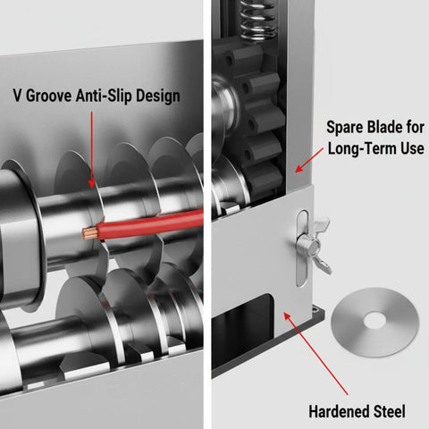 Close-up of Go To Wire Stripping Machine For Scrap Copper Cable showing V groove design and spare blade feature.
