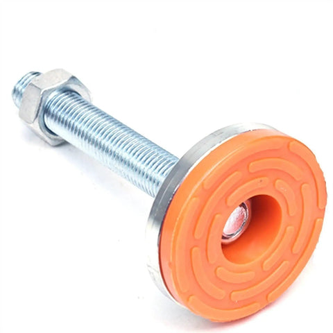 Four Pack Adjustable Leveling Feet For Heavy Duty Beefed-Up Cabinets Tables Workbenches Shelving Galvanized Surface Resists Corrosion And Reduces Friction Stainless Steel Construction For Durability And Long Service Life Bottom Lip Design Distributes. Orange leveling foot with threaded steel bolt and nut