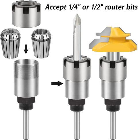 Quarter Inch Shank Router Bit Collet Extension Chuck Converter Adapter with ER20 Spring Collet, showing assembly and use with bits.