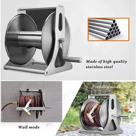 Heavy Duty Retractable Garden Hose Reel Kit With 130 Foot Flexible Tubing And Wall Or Ground Mount Brackets, stainless steel design.