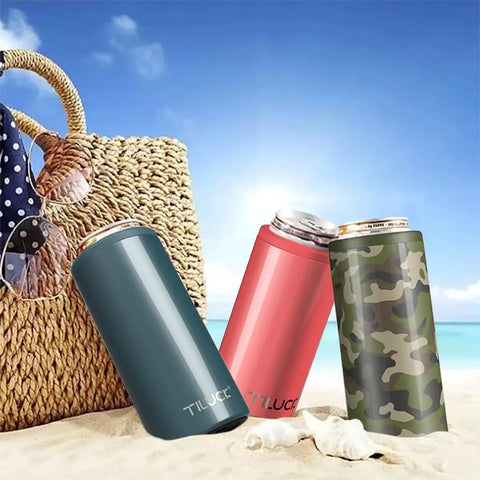 Chill Vibes While Crushing A Cold Brew With This Stainless Steel Skinny Can Cooler Fits All 12 Oz Slim Cans at beach