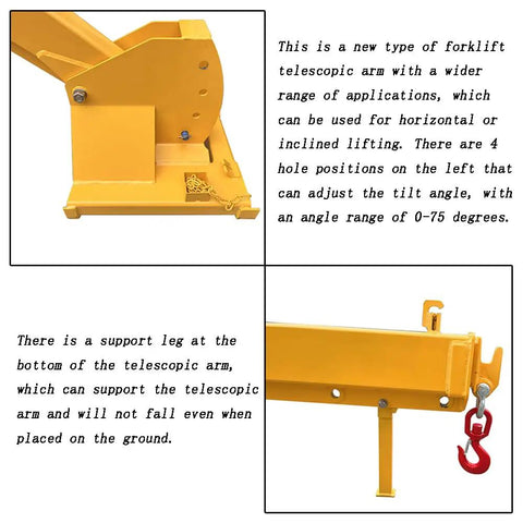 Close-up view of Heavy-Duty Forklift Jib Boom Crane, showing extendable arm and adjustable tilt mechanism, 6600 lb capacity.