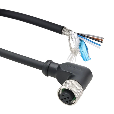 M12 A-Coded 5 Pin Female Right Angle Actuator Sensor Cable With Bare Wire Leads For Heavy Duty Industrial Automation Device Networks CANopen IO-Link Profibus 1m Length, focus on connector detail.