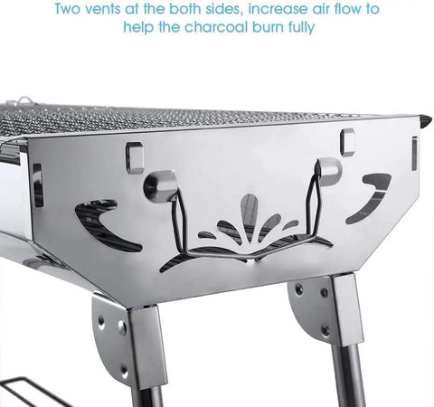 Close-up of Portable Stainless Steel Charcoal Grill's folding legs and vent design for air flow and efficient grilling.