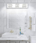 Three Light Crystal Vanity Light Bar Over Mirror Modern LED Bathroom Fixture With White 5500K Light Energy Efficient 18W 20.5 Inch Long By 4.3 Inch Wide Stainless Steel Frame And K9 Crystal For Everyday Glam above bathroom mirror.