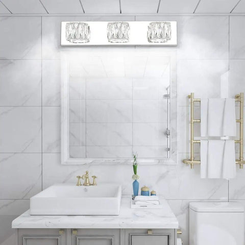 Three Light Crystal Vanity Light Bar Over Mirror Modern LED Bathroom Fixture With White 5500K Light Energy Efficient 18W 20.5 Inch Long By 4.3 Inch Wide Stainless Steel Frame And K9 Crystal For Everyday Glam above bathroom mirror.