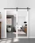 Mirror Barn Door 34x84 Inches With 6 Foot Sliding Door Hardware Kit Included in modern bathroom setting, white finish.