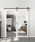 Straight Glide 36 By 84 Inch Frosted Glass Barn Door With Heavy Duty Rolling Hardware Kit Interior Sliding Room Divider Easy As Pie Setup Modern Farmhouse White Finish Outta Box Built Tough Waterproof Scratch Proof Ideal For Any Living Space in a modern bathroom setting.