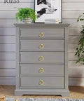 Beefy 4 Pack 2-1/2 Inch Solid Cupboard Knobs Zinc Alloy Vintage Ring Cabinet Pulls Gold Round Dresser Drawer Knobs With Screws For Kitchen Cabinets And Dressers Easy Install Durable Rust Resistant Hardware installed on a gray dresser.
