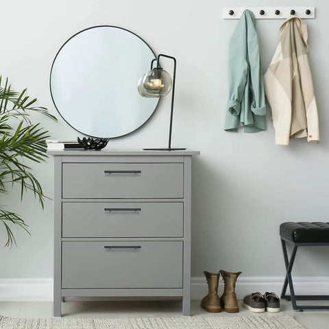 Gray dresser with Matte Black Cabinet Pulls 30 Pack 6 1 Quarter Inch Cabinet Handles With Mounting Template 8 4 Fifth Inch Overall Length Stainless Steel Kitchen Pulls For Cabinets Easy Install No Sweat near round mirror and coat rack in entryway.