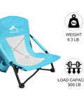 Low Beach Chair for Beach Tent and Camping, Ultralight Folding Recliner With Cup Holder, Breeze Mesh Back showing weight and capacity