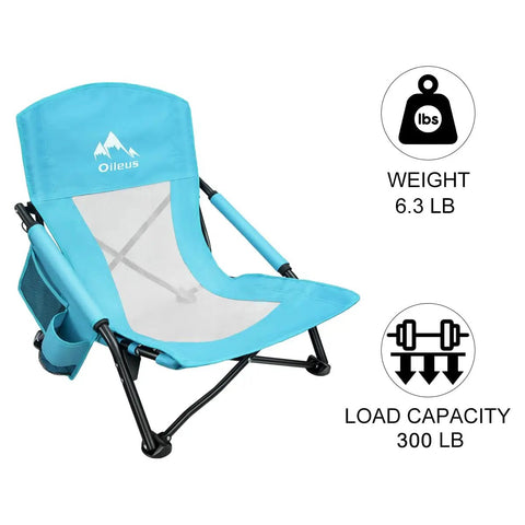 Low Beach Chair for Beach Tent and Camping, Ultralight Folding Recliner With Cup Holder, Breeze Mesh Back showing weight and capacity