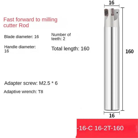 High Efficiency CNC Milling Cutter Rod For Deep Fast Feed And Superior Material Removal, 160mm long, 16mm diameter, with 2 teeth.