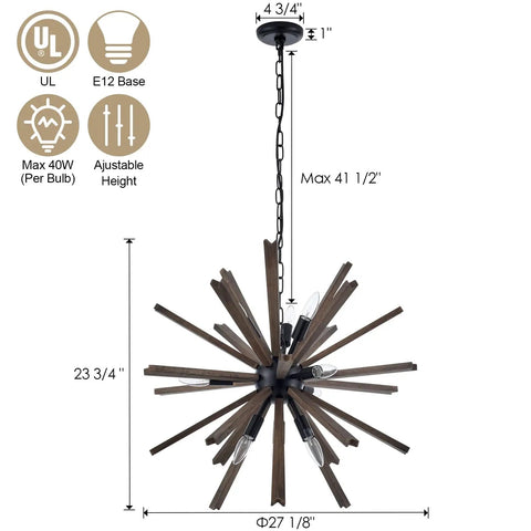 9 Light Sputnik Pendant Light Black With Natural Wood Shade Industrial Farmhouse Vibe Ceiling Fixture For Dining Room