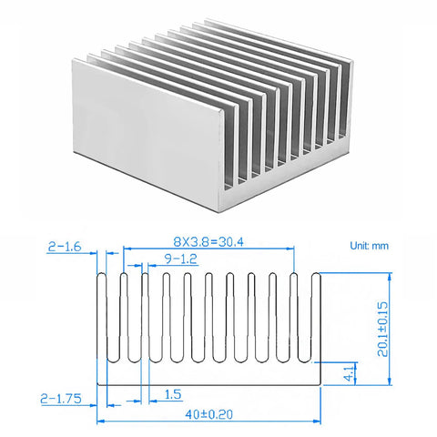 Beefed-Up Set Of Four 40mm Aluminum Heatsinks With Pre-Applied Thermal Conductive Tape, 3D view with dimensions diagram shown