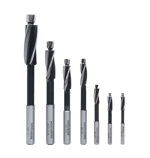 H.S.S. Solid Cap Screw Counterbore Set, 7 Piece, 3 Flute, Straight Shank, Inch Size Counterbores For Cap Screws shown in size order