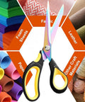 9.5 Inch Heavy Duty Titanium Coated Forged Stainless Steel Scissors For Fabric Leather Dressmaking Tailoring Home Office School Ultra Sharp All Purpose Shears That Slice Through 16 Plus Layer Fabrics Like Butter, shown cutting fabric and leather