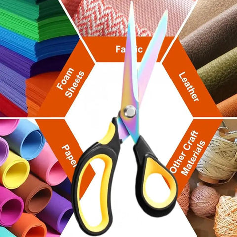 9.5 Inch Heavy Duty Titanium Coated Forged Stainless Steel Scissors For Fabric Leather Dressmaking Tailoring Home Office School Ultra Sharp All Purpose Shears That Slice Through 16 Plus Layer Fabrics Like Butter, shown cutting fabric and leather