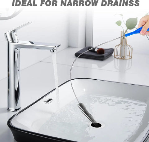 Heavy Duty All In One Drain Brush And Sink Snake Kit With Flexible Auger To Knock Out Stubborn Pipe Clogs and Yank Out Wayward Hair in use in a modern bathroom sink.
