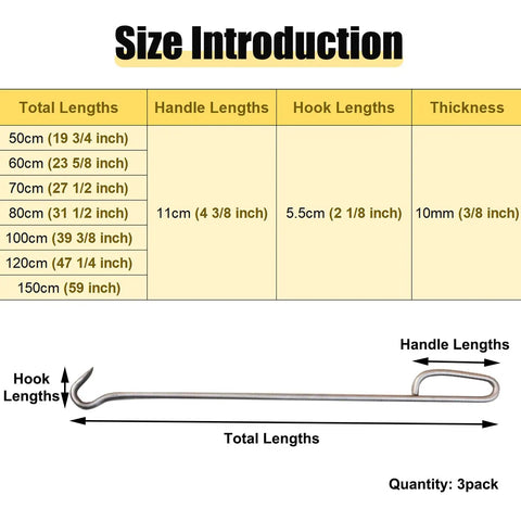 Heavy Duty Steel Manhole Hook With Ergonomic Grip No Sweat Lift For Opening Septic Tank Riser And Storm Drain Cover Fast On Any Worksite Daily Safely size chart with lengths displayed.