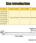 Heavy Duty Steel Manhole Cover Puller Kit To Lift Drain Lids Zero Sweat Storm Sewer Gripper size chart showing lengths and thickness.