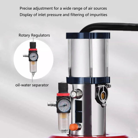 Top Shelf Pneumatic Grease Pump With Five Gallon Drum And Seventy Five To One Pressure Ratio Rolling Cart For No Hustle Heavy Fleet Maintenance And Instant Lubrication Tasks