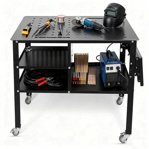 Heavy-Duty Mobile Welding Table With Foldable Side Panels For Factory And Garage Use, Steel Workbench On Wheels, Black Finish