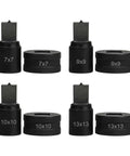 Set of square punch dies 7x7mm to 13x13mm for hydraulic press, including 9x9mm and 10x10mm sizes, durable for sheet metal fabrication projects.