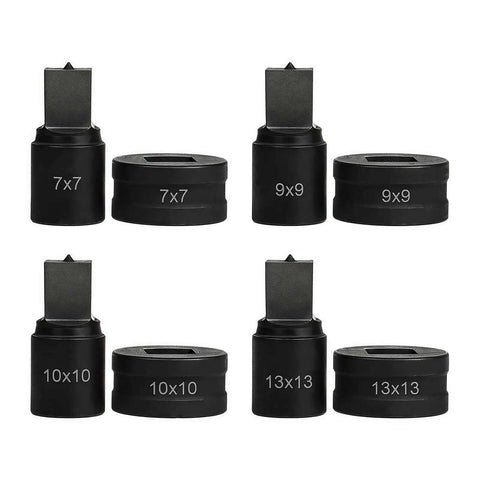 Set of square punch dies 7x7mm to 13x13mm for hydraulic press, including 9x9mm and 10x10mm sizes, durable for sheet metal fabrication projects.