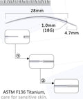 Diagram of Six-Piece 18G Titanium Curved Piercing Taper Insertion Pins For Threadless Push-In Nose Rings, ASTM F136 material.