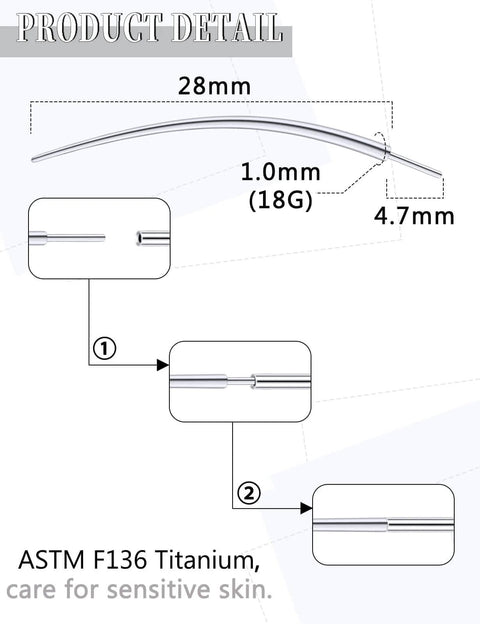 Diagram of Six-Piece 18G Titanium Curved Piercing Taper Insertion Pins For Threadless Push-In Nose Rings, ASTM F136 material.
