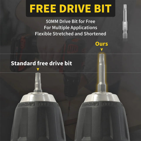 Comparison of standard and flexible free drive bits, highlighting functionalities of drive bit in close-up view