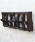 Premium Handcrafted Solid Wood Wall Mounted Coat Rack Featuring Retractable Hooks in dark finish with sturdy hooks.