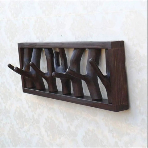 Premium Handcrafted Solid Wood Wall Mounted Coat Rack Featuring Retractable Hooks in dark finish with sturdy hooks.