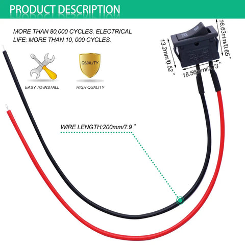 Five Pack Rocker Switches SPST On Off 2 Pins 2 Position 6A 250V And 10A At 125V With Pre Soldered Wires, dimensions shown
