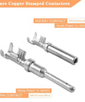 174 Pcs DT Deutsch Connector Kit with Pro Grade Ratcheting Wire Crimp Tool showing nickel-plated pure copper socket and pin contacts.