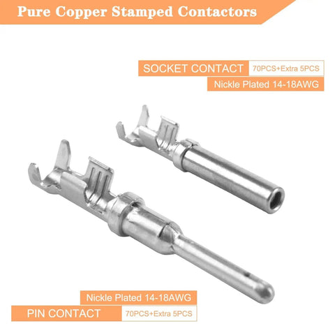 174 Pcs DT Deutsch Connector Kit with Pro Grade Ratcheting Wire Crimp Tool showing nickel-plated pure copper socket and pin contacts.