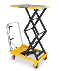 KAFLLA Hydraulic Lift Cart With Double Scissor Jack Supports 330 Pound Work Weight And Reaches An Impressive Fifty Inch Max Lift Height for easy tool access.