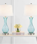 Coastal Glass Table Lamps Set Of 2 For Living Room And Bedroom 25.5 Inch Blue Glass Lamps With White Fabric Shades Modern Nightstand Lighting