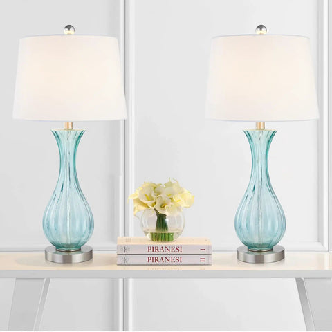 Coastal Glass Table Lamps Set Of 2 For Living Room And Bedroom 25.5 Inch Blue Glass Lamps With White Fabric Shades Modern Nightstand Lighting