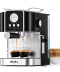 Professional 20 Bar Espresso Coffee Maker With Built In Steam Wand And Silky Milk Frother, Semi Automatic Home Barista Brewer With 1.8L Removable Tank For Pulling Smooth Lattes And Cappuccinos, Zero Hassle Cleanup For Daily Brews in black with espresso pouring.