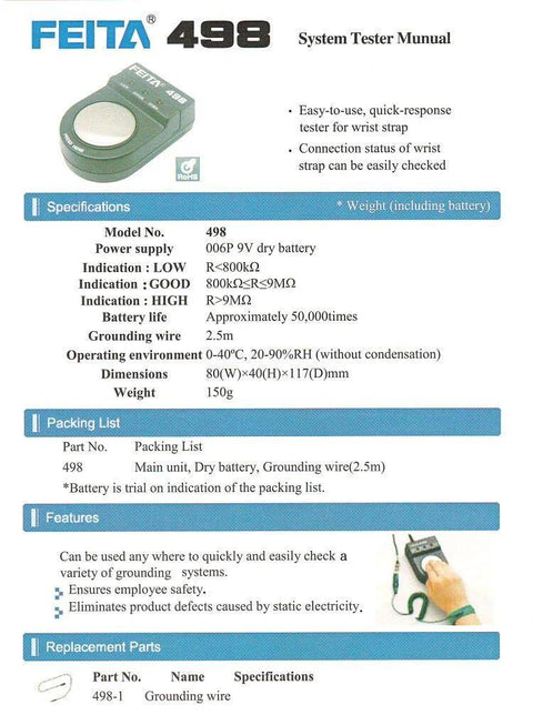 Feita 498 System Tester Manual with specs for Essential Anti Static ESD Wrist Strap Tester for Electronics Repair and Grounding Monitoring