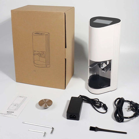 58Mm Led Display Electric Espresso Tamper Nailing Perfect Pressure And Spot On Depth Control Pulling Sick Shots Daily Top Shelf Barista Grade Coffee Press Tool For Pros with accessories and packaging.
