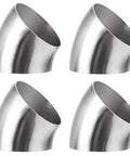 Four Pack 2.5 Inch 45 Degree Exhaust Elbow Pipe Slick 304 Stainless Steel Heavy Duty Mandrel Bend Tailpiece visible at multiple angles.