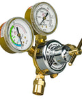 Front view of Forney 85363 argon/CO2 regulator kit for MIG welder with dual gauges and brass fittings.