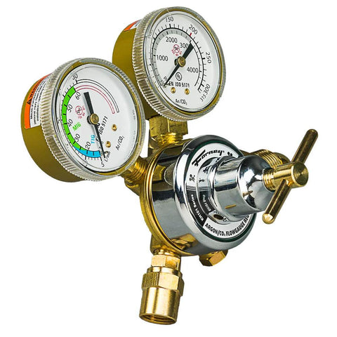 Front view of Forney 85363 argon/CO2 regulator kit for MIG welder with dual gauges and brass fittings.
