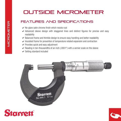 Outside Micrometer With Advanced Sleeve Design And Satin Chrome Finish Built Tough With Insulated Frame For Temperature Stability Quick And Easy Adjustment 0 To 1 Inch Range And Precision 0.0001 Inch Graduations