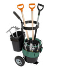 Heavy Duty Rolling Garden Cart With 5 Gallon Bucket, Oxford Bag With 8 Pouches, And 3 Gallon Basket, holding garden tools.